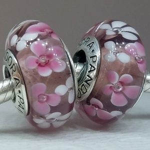 set 2 Charms Pandora flowers pink shade Muranos